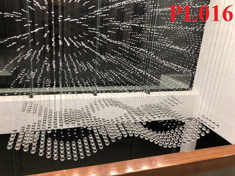 Đèn chùm pha lê thả thông minh PL016 lượn sóng đôi, Inox gương trắng, pha lê lượn sóng, KT(mm): 600x1800x2200